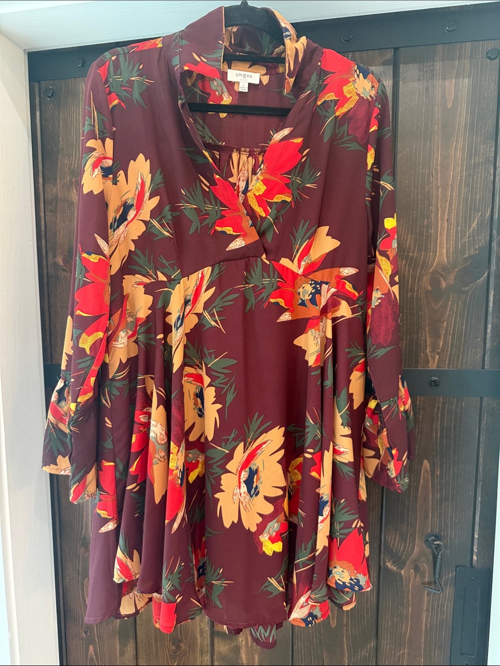 Umgee Burgundy Floral Long Sleeve Swing Dress